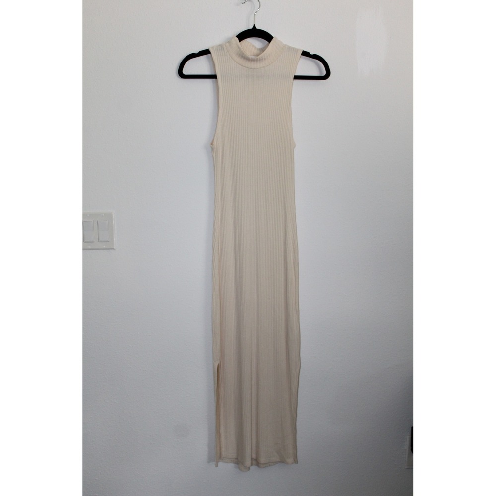 Beyond Yoga Cream Ribbed Mock Neck Sleeveless Side Slit Midi Dress Womens XS